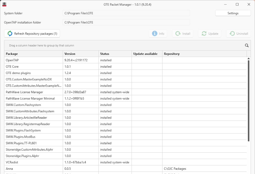 OTE Package manager for installing, uninstalling and updating OpenTAP packages