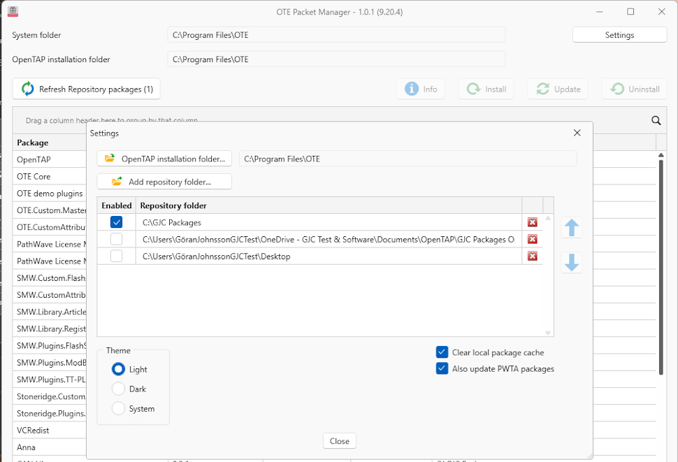 OTE Packet manager configuration settings